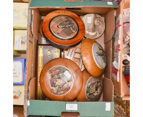A collection of seven cribbage boards with five flatware pot lids in wooden frames, and a Holborn Viaduct pot with lid, 13 it
