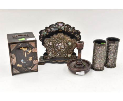Ebonised and mother of pearl letter rack, Victorian with two brush pots, small jewellery box and two wooden candle sticks