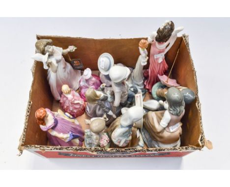 One box containing Nao, Lladro, Goebel, Doulton and Coalport figurines (13 figurines in total) 