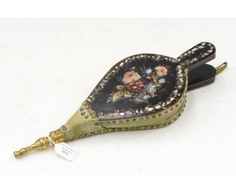 A pair of Victorian ebonised fire bellows, circa 1860, inlaid mother of pearl and floral decoration, length 37cm 