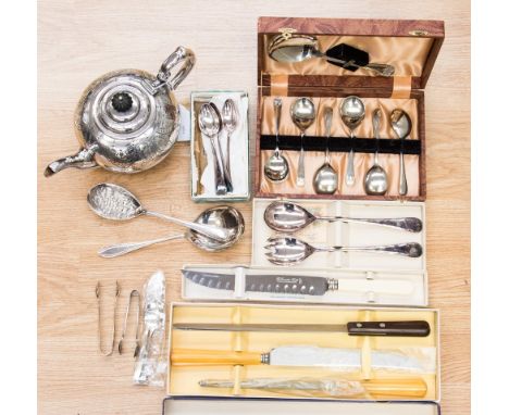 A canteen of Sheffield cutlery with additional dessert knives; together with plated teapot and a cased set of silver plated d