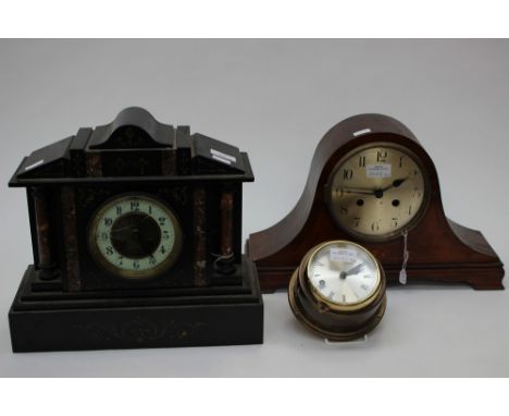 Inlaid mantle clock; together with a brass wall clock and French slate clock (3) 