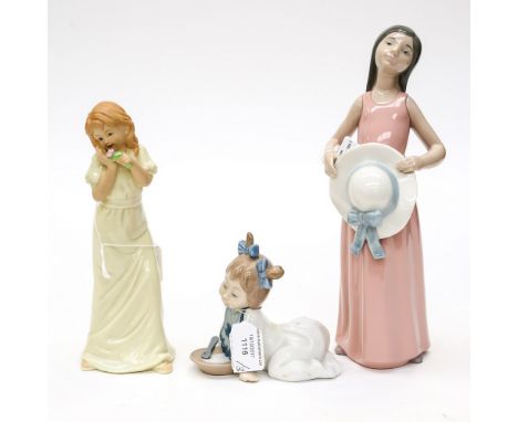 A Lladro figure of a girl holding a hat, number 5008, a Nao figure of a young girl and a further figure (3)