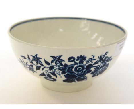 A Worcester blue and white bowl, circa 1770, floral transfer printed, crescent mark, 17cm diameter
