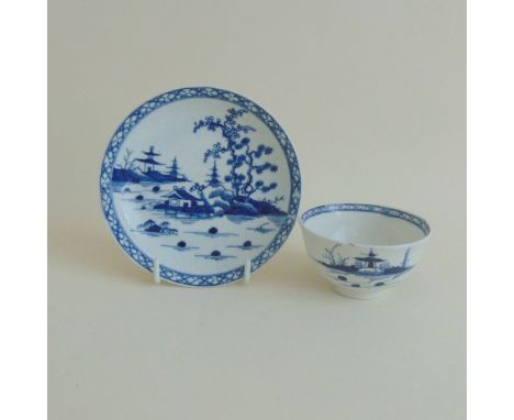 A Worcester blue and white tea bowl and saucer, Cannonball pattern, circa 1760, 4.5 cm high approx, bowl, 7.5 cm diameter app