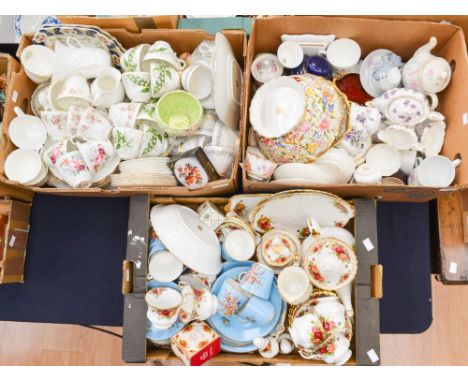 Three boxes of assorted tea wares, including Royal Albert 'Old Country Roses', Royal Stafford, Adderley, Hammersley, Wedgwood