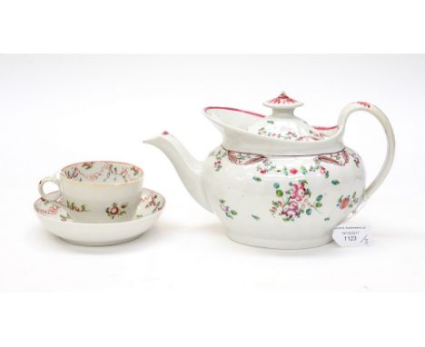 A Newhall teapot, pattern 603 s/d, with a similar tea cup and saucer (3) 