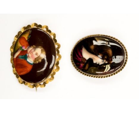 An enamel and gilt metal portrait brooch BAL initials, together with a porcelain painted portrait brooch, yellow metal surrou