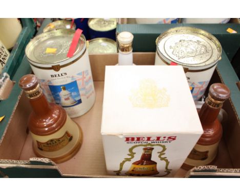 Bells Hawaii decanter in tin 43%, x 2 and three brown hand bells and a 60th Birthday decanter, full (6) 