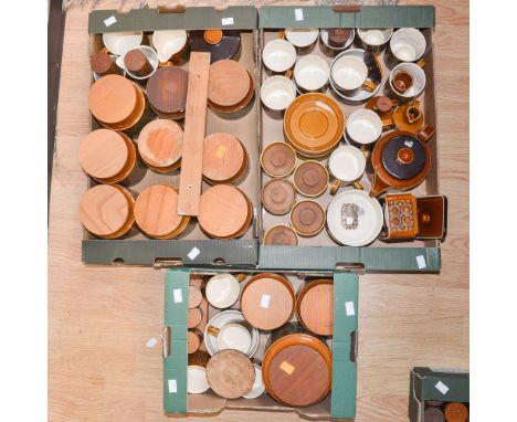 Hornsea ' Bronte' pattern, three boxes of tea-wares and storage jars, including teapot, cups, saucers, milk, sugar, butter an