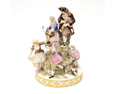 A large Meissen figure group with people dancing and playing instruments, badly damaged (1) 