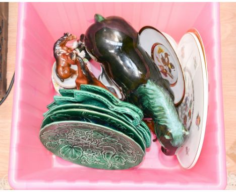 A large ceramic Shire Horse, together with a horse group and two other small horses, Wedgwood cake stand, cabbage leaf plates
