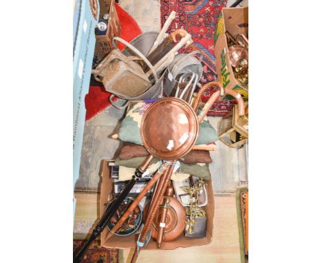 Two boxes containing a copper kettle, brass candlesticks, pipes, camera, radios, clocks and cushions etc together with a galv