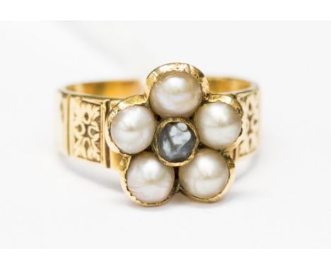 19th century 18ct gold seed pearl and forget me knot ring with hair locket