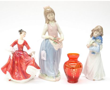 Two Spanish figurines by Nao and Nadal and a Royal Doulton figure 'Stephanie' 2811 HN and a small ruby glass vase (4) 