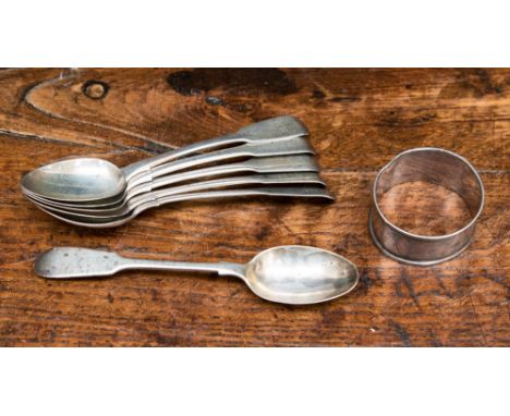 A set of five silver teaspoons initialed to finial, London 1830 another silver teaspoon and a silver napkin ring, gross weigh