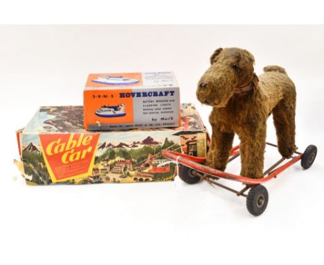 1950s/60s tin plate 'Technofix' cable car toy, working order with two cars for the road, boxed (box worn), together with a ma