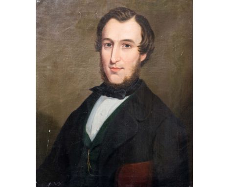 English School, mid-19th Century, Portrait of a young gentleman, half length, in a black coat and green waistcoat Oil on canv