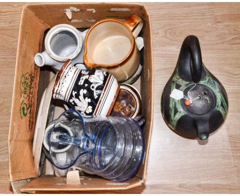 A French 1999 studio pottery teapot, J. Calt, together with a 1920s Art Deco glass water jug, and other Studio jugs etc, incl