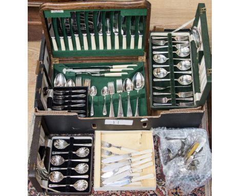 A box of cased and loose flatware, including approx 2.94ozt of silver, EPNS, etc 