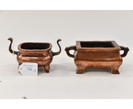 Two Chinese copper censors, one in square form, with scroll handles, one being rectangular