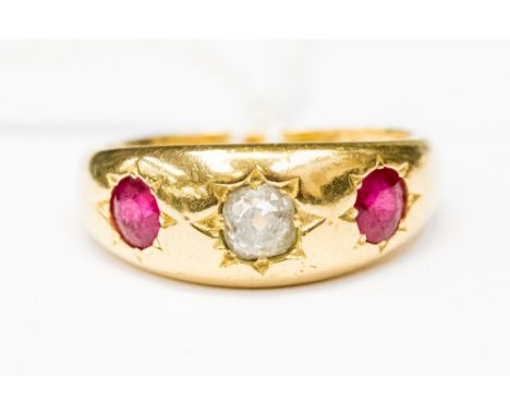 An old cut diamond, synthetic ruby and 18ct gold ring a/f, (cut off) with an old cut diamond to the centre weighing approx .4