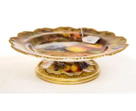 A Royal Worcester fruit painted pedestal comport, 1918, by F Roberts, ogee gadrooned rim, decorated with pears and damsons, 2