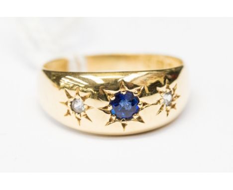 A Victorian sapphire and diamond 18ct yellow gold ring, gypsy set stones, ring size M½, gross weight approx 3.6 grams