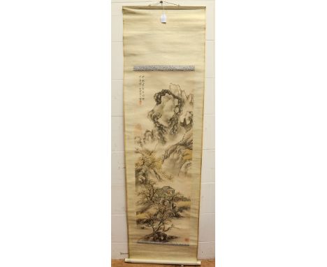 A Chinese scroll painting, 20th Century, mountain landscape, character marks and seal, on fabric scroll