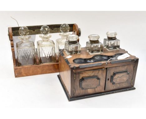 Victorian figured walnut desk stand together with Victorian , oak three decanter Tantalus s/d (2)