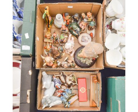 A box of Hummel Goebel figures, with two Royal Crown Derby paperweight, NAO Geese, etc (two boxes) 