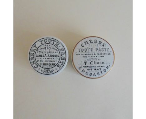 Two Staffordshire Monochrome pot lids and bases, Cherry Toothpaste, James Radford and Sons, Birmingham, T. Chase, Edgbaston, 
