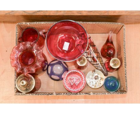 A box of Cranberry glass and paperweights, including Langham, Wedgwood, Caithness, etc 