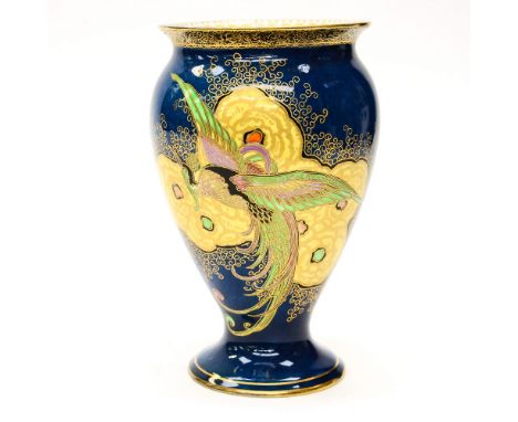 A Carlton ware vase, blue ground decorated with exotic bird approx 8½ inches high 