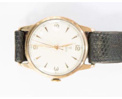 An 9ct gold cased gentlemen's Tudor Rolex wristwatch, engine turned cream enamel dial and gold numerals 