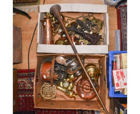 A large collection of Brass & Copperware including a long post horn; an Art Nouveau GESETZLICH claret jug; various English Se