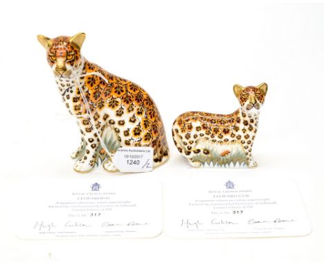 Royal Crown Derby first quality Leopardess and Leopard Cub, both limited edition 317/950, both with certificates 