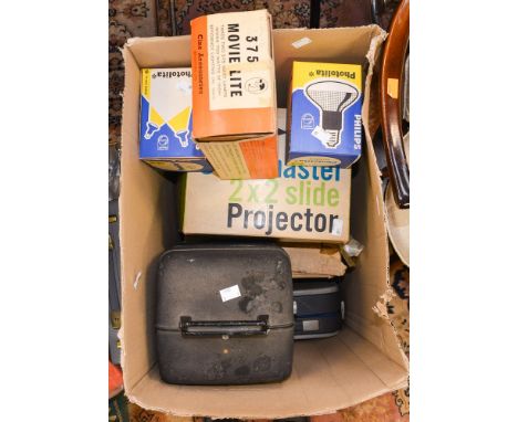 A box of cased cine cameras and equipment, mostly 8mm including movie editor, movie light and bulbs, Bell & Howell model 256,