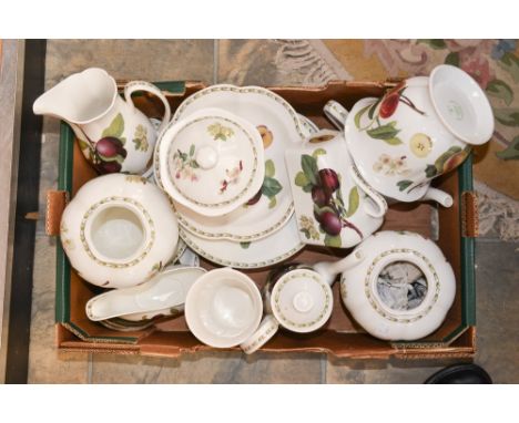 A collection of Queens wares Hookers fruit pattern wares, including vases, bowls, cheese dish, teapot, coffee pot, etc (one b