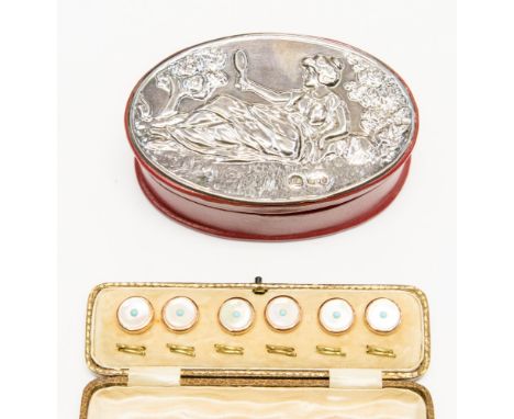 A cased set of six shirt buttons, mother of pearl with turquoise, set in yellow metal with a silver mounted leather gentlemen