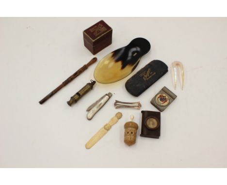 A collection of various items, including ivory letter opener, silver and mother of pearl pen knife, shoe horn, a cased pair o