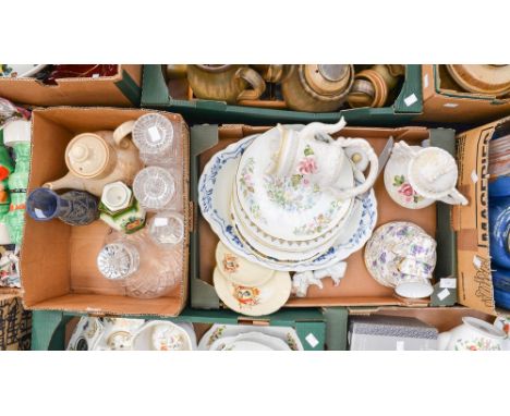 Decorative Aynsley plates etc, Capi di Monte, Denby teapot and cut glass decanters, a crystal and silver rimmed buiscuit barr