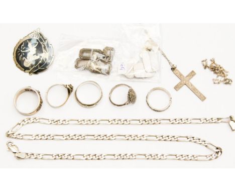 Two pairs of silver cufflinks, a silver neck chain, a Siamese niello/ silver brooch, silver and marcasite ring, cross and cha
