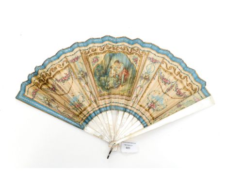 A 19th century French fan with a painting in the manner of Watteau, sequin decoration, mother of pearl sticks and guard 