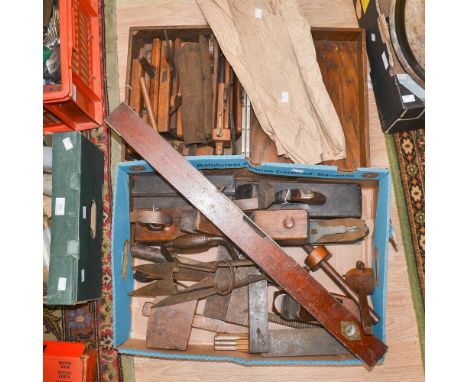 A box of old wood working tools; together with a wooden tool box marked 'The Stanley Tool Company' containing woodworking too