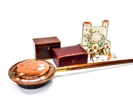 A mixed lot containing Edwardian tea caddy, brass warming pan, Staffordshire flatback, two Beswick figures (one damaged) and 