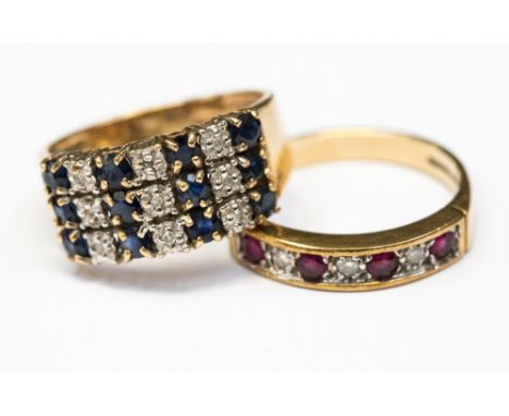 A ruby and diamond half eternity 9ct gold ring, together with a sapphire and diamond ring 