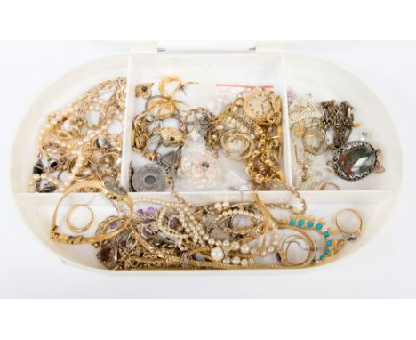 A large quantity of assorted costume and yellow metal jewellery, some silver gilt necklaces, a Rotary pocket watch, ladies co