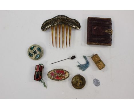 A cased picture frame, 19th Century, ladies hair comb, white metal brooch inset with malachite dress pin and four sewing rela