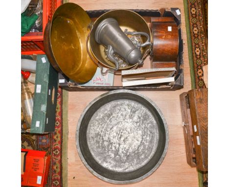 A box of metalware including bowls, jam pan and a mantle clock 